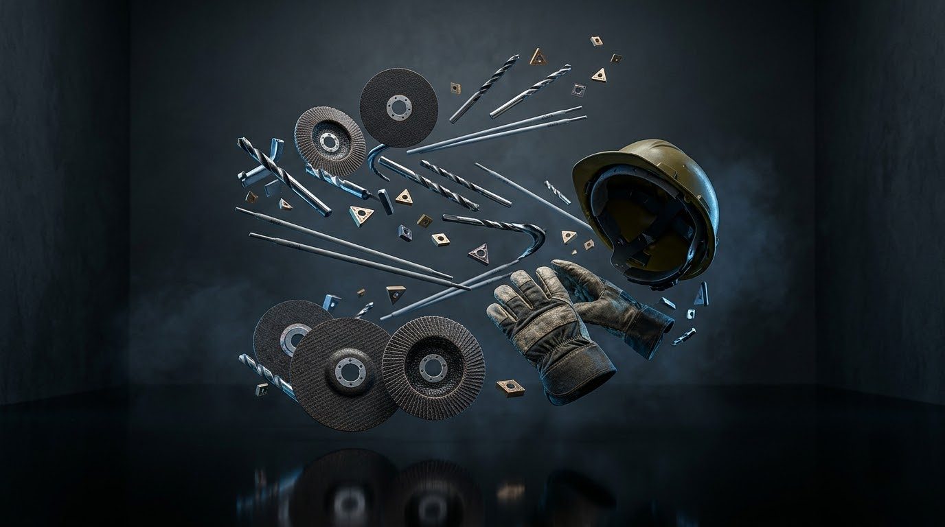 Cutting discs, drills, inserts, safety helmet and gloves floating